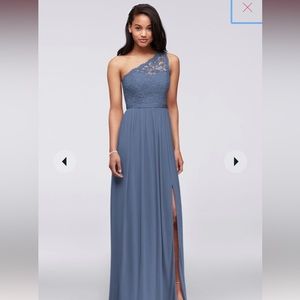 David’s Bridal One Shoulder Lace Dress, STYLE# F17063, Steel Blue, Size 4